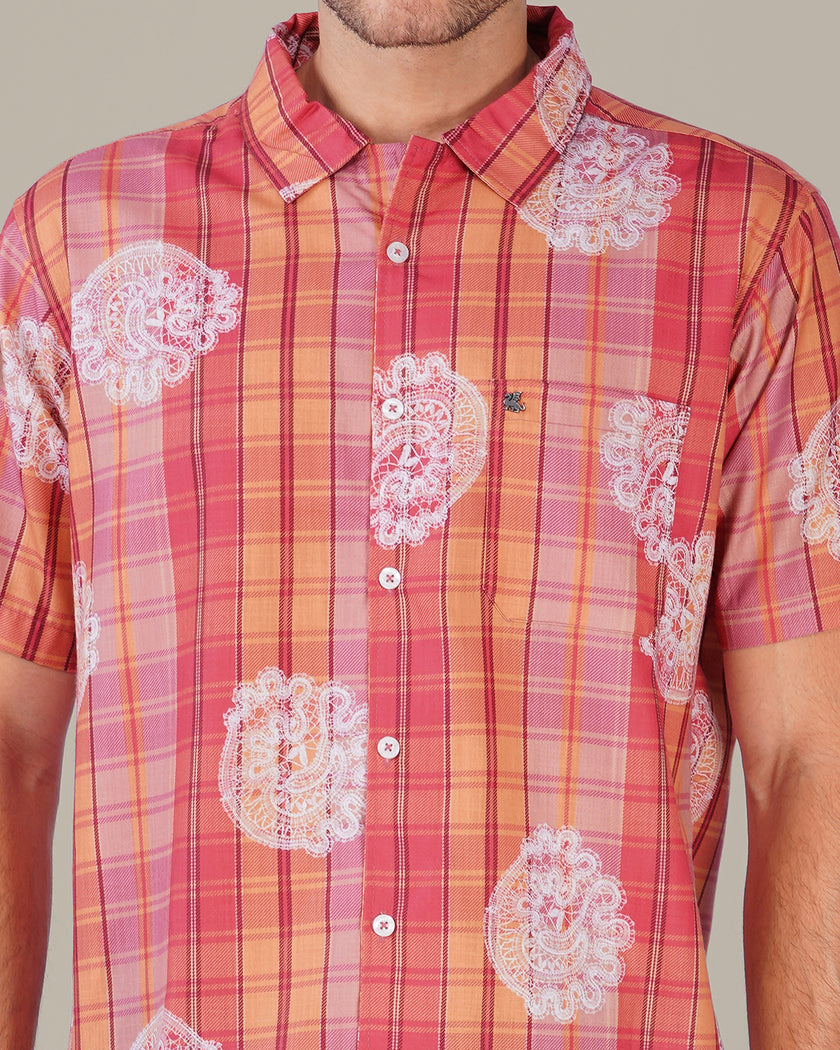 Orange Pink Plaid Polyester Regular Fit Shirt