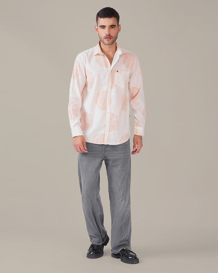 Off-White Patterned Linen Blend Regular Fit Shirt