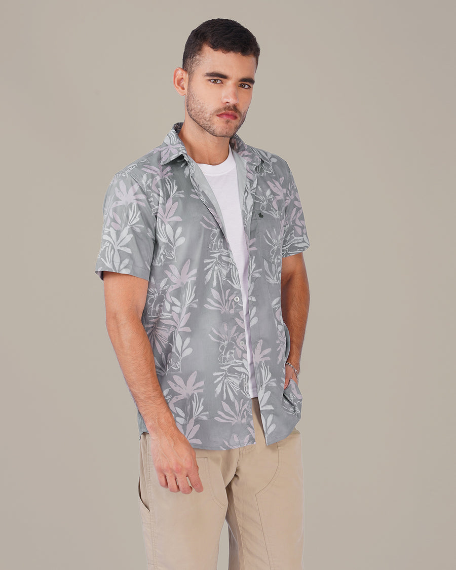 The Grey Floral Shirt - Polyester Blend · Regular Fit