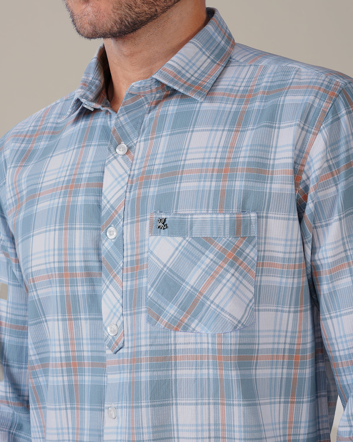 Light Blue Plaid Cotton Slub Regular Fit Shirt