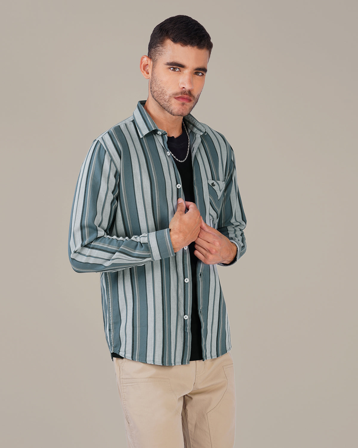 Teal and Gray Striped Cotton Slub Regular Fit Shirt
