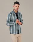 Teal and Gray Striped Cotton Slub Regular Fit Shirt