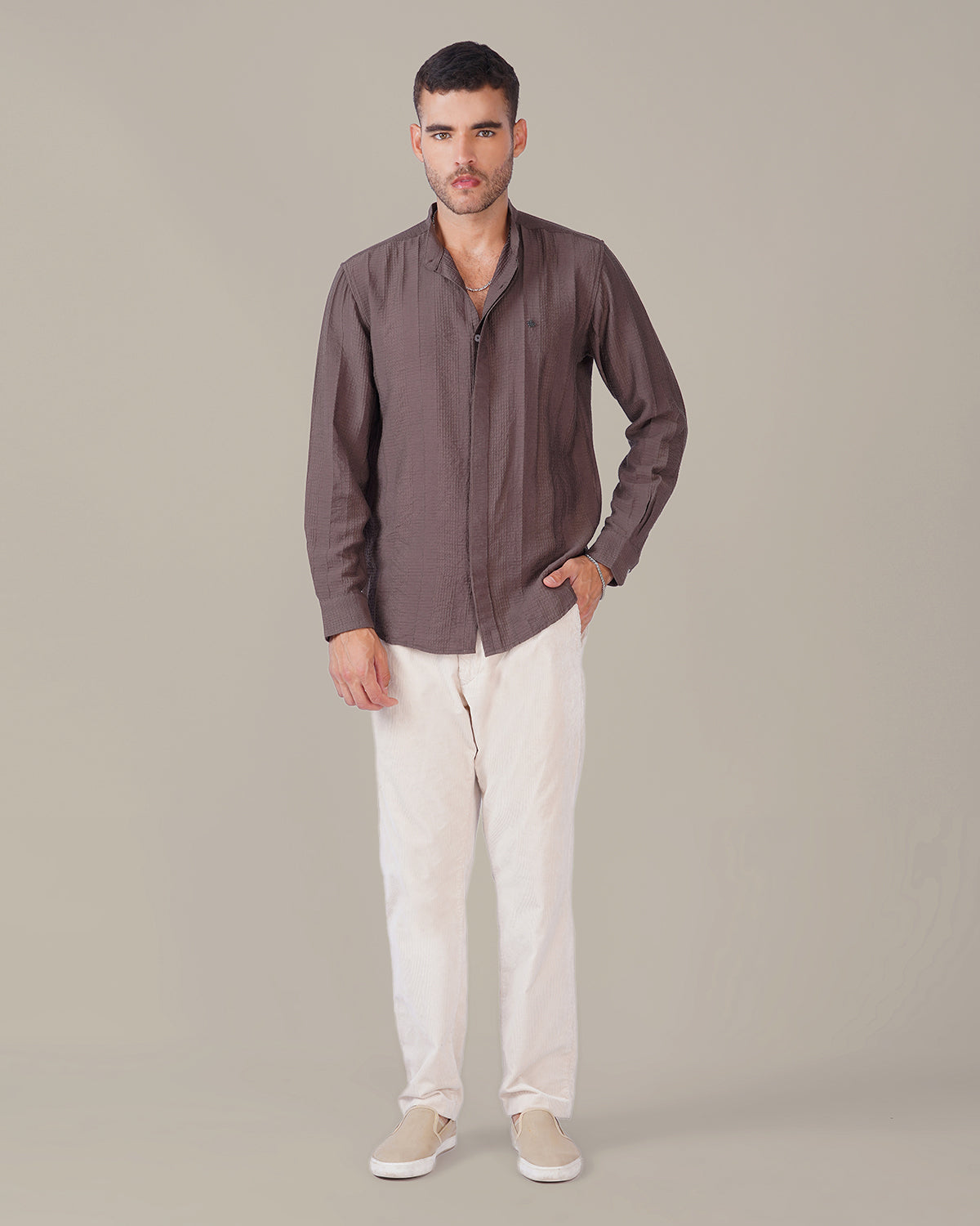 Taupe Textured Polyester Viscose Mandarin Collar Shirt