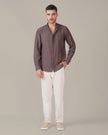 Taupe Textured Polyester Viscose Mandarin Collar Shirt