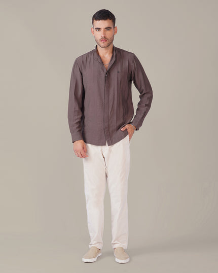 Taupe Textured Polyester Viscose Mandarin Collar Shirt