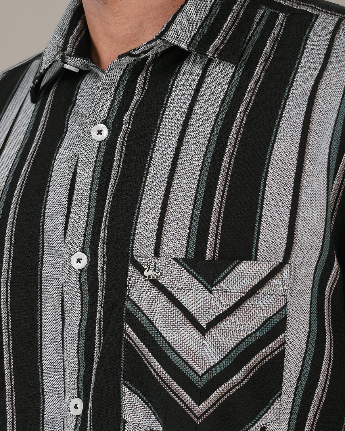 Black and Gray Striped Cotton Slub Regular Fit Shirt