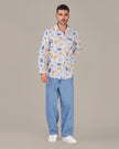 Off-White Abstract Print Linen Blend Regular Fit Shirt