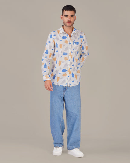 Off-White Abstract Print Linen Blend Regular Fit Shirt