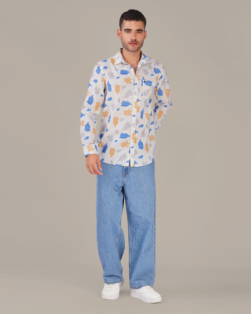 Off-White Abstract Print Linen Blend Regular Fit Shirt