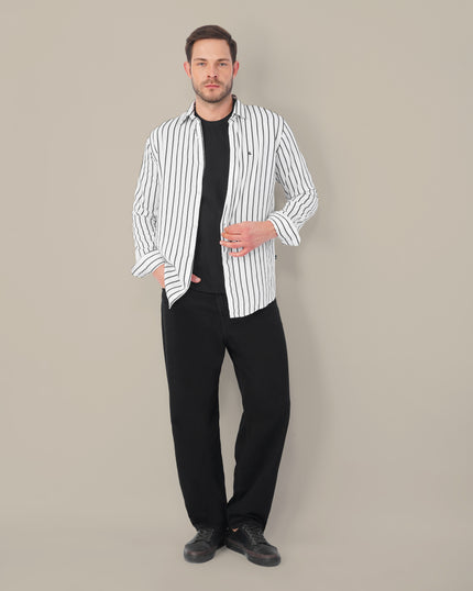 White and Black Vertical Stripe Poly Viscose Blend Regular Fit Shirt
