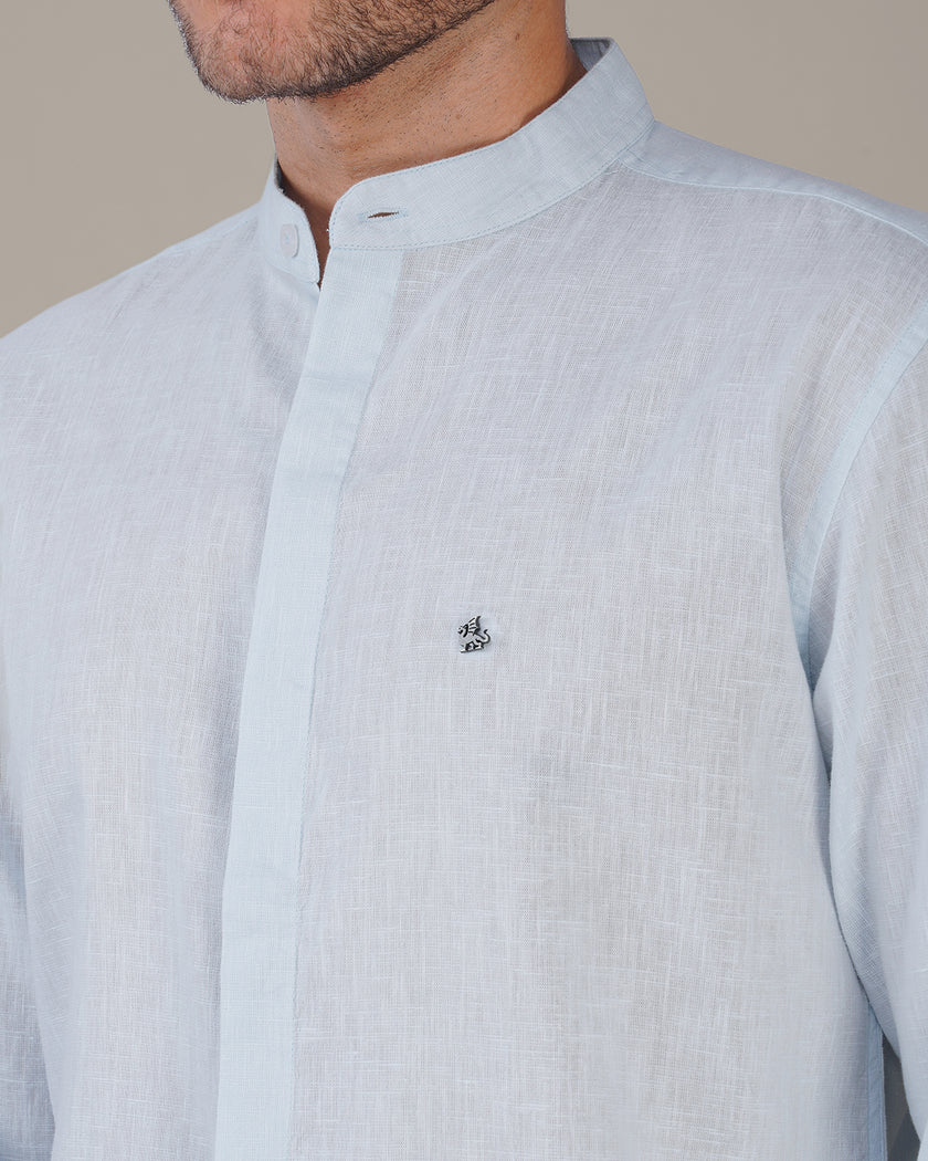 Light Blue Solid Linen Blend Mandarin Collar Shirt