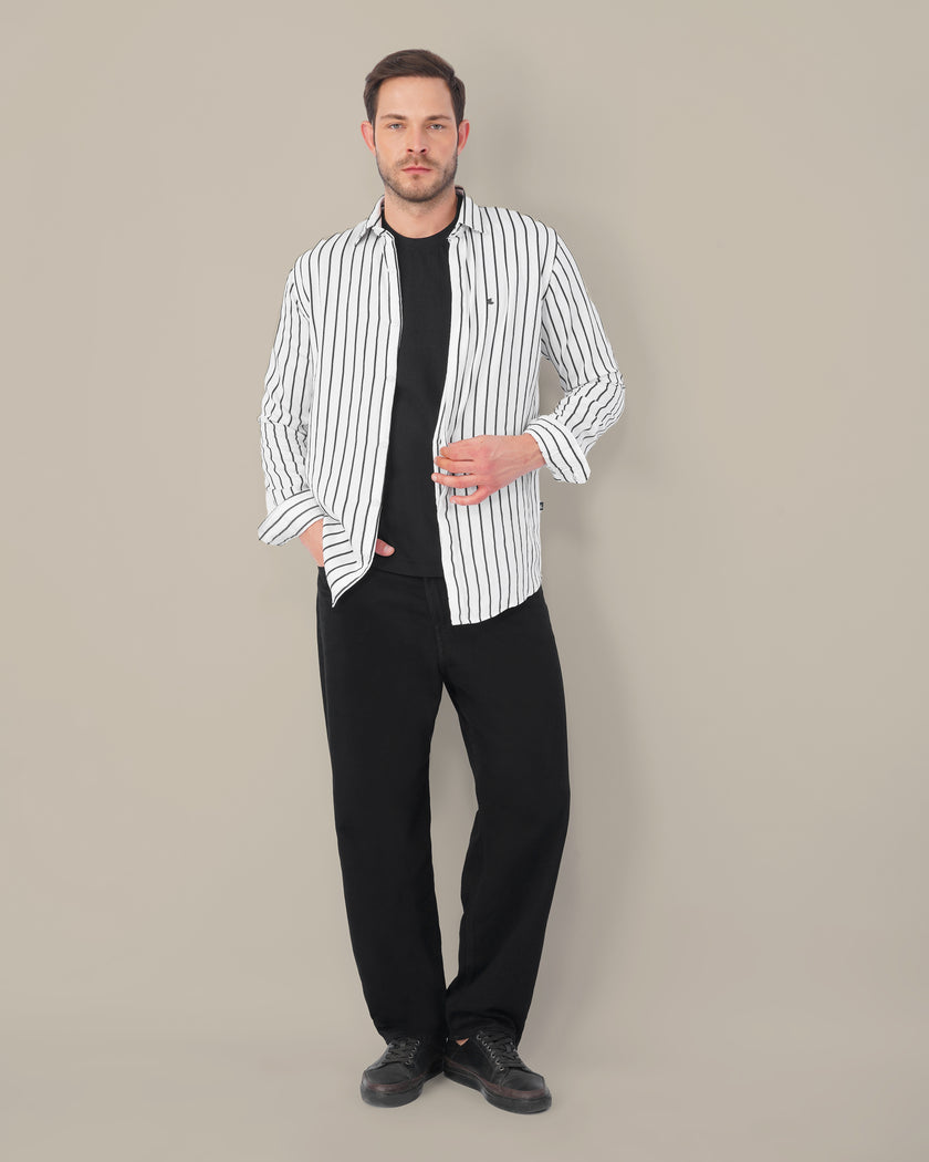 White and Black Vertical Stripe Poly Viscose Blend Regular Fit Shirt