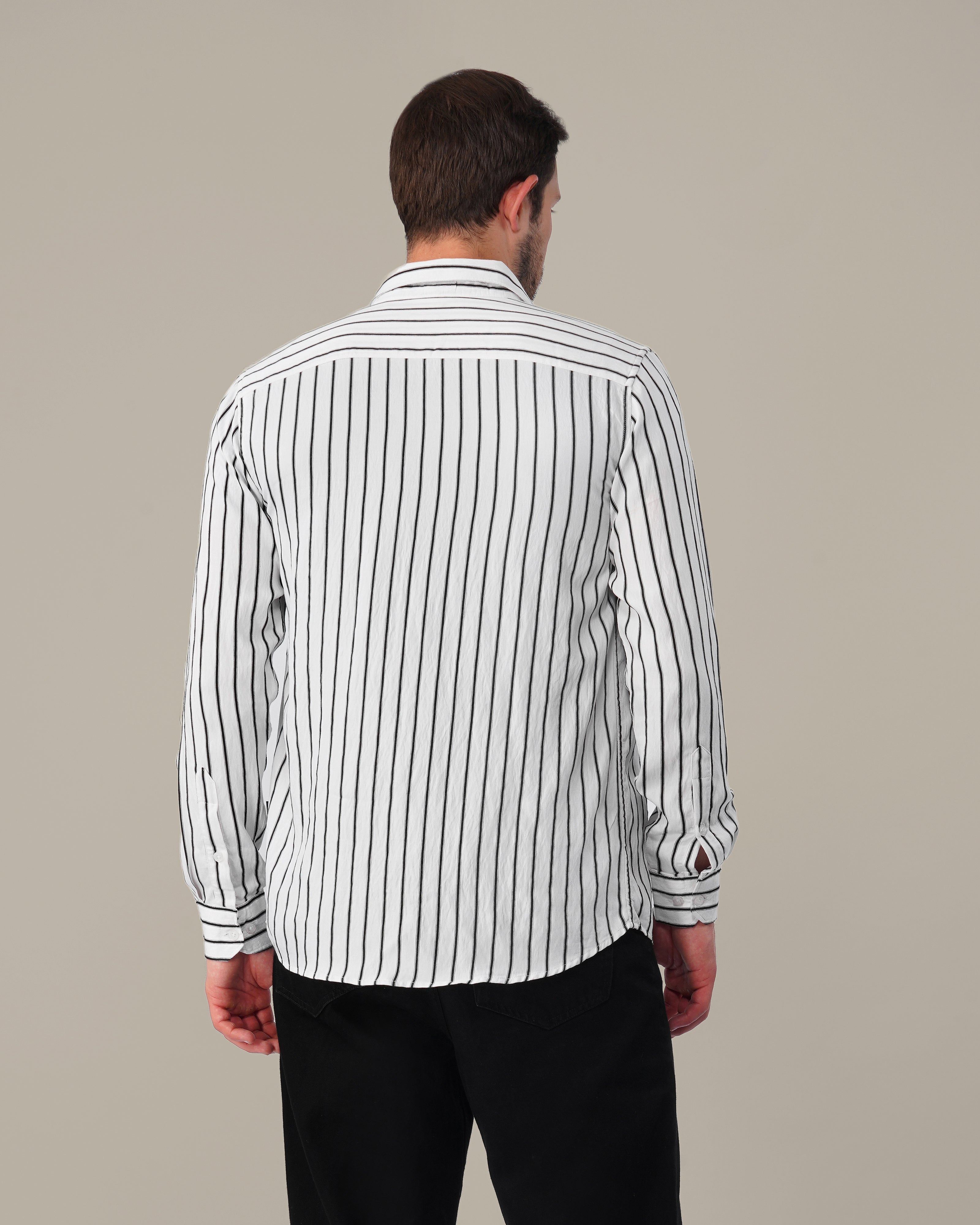 White and Black Vertical Stripe Poly Viscose Blend Regular Fit Shirt