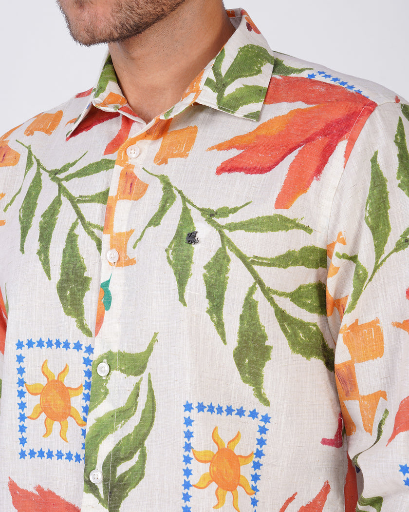 Floral Print Linen Blend Button-Down Shirt