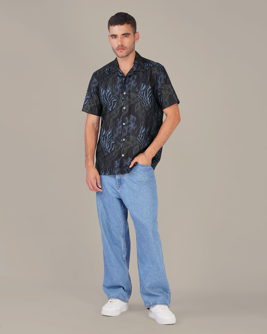 Black Abstract Pattern Polyester Relaxed Fit Shirt