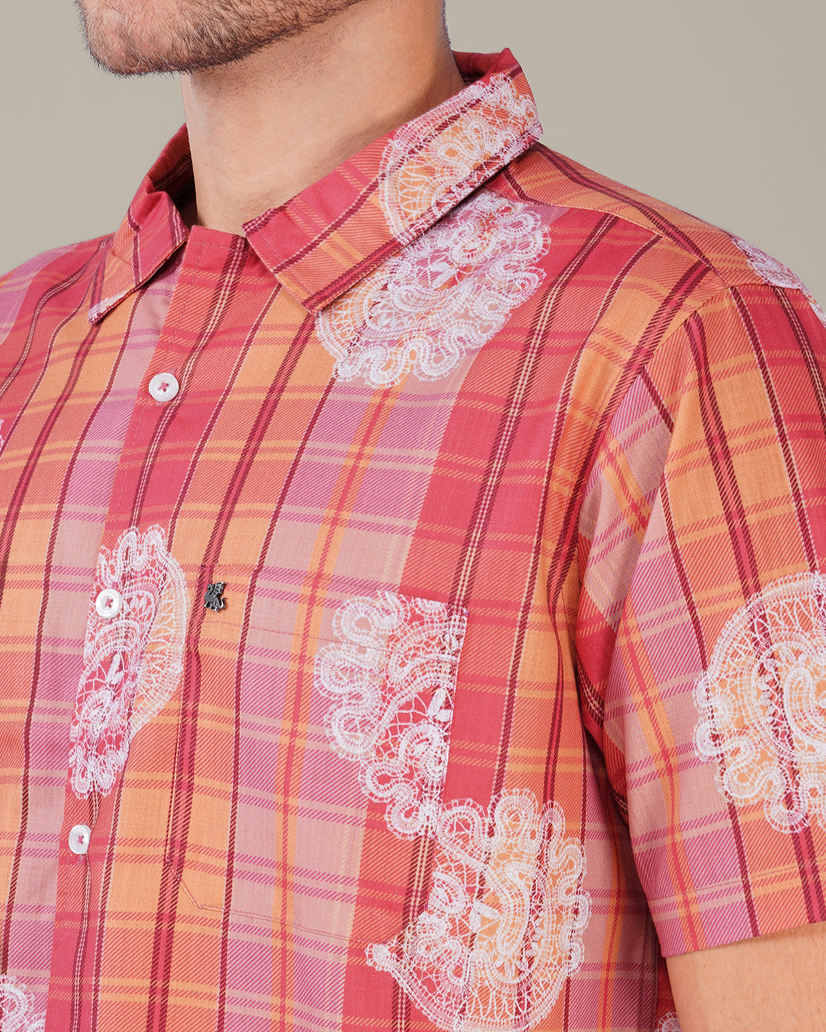 Orange Pink Plaid Polyester Regular Fit Shirt