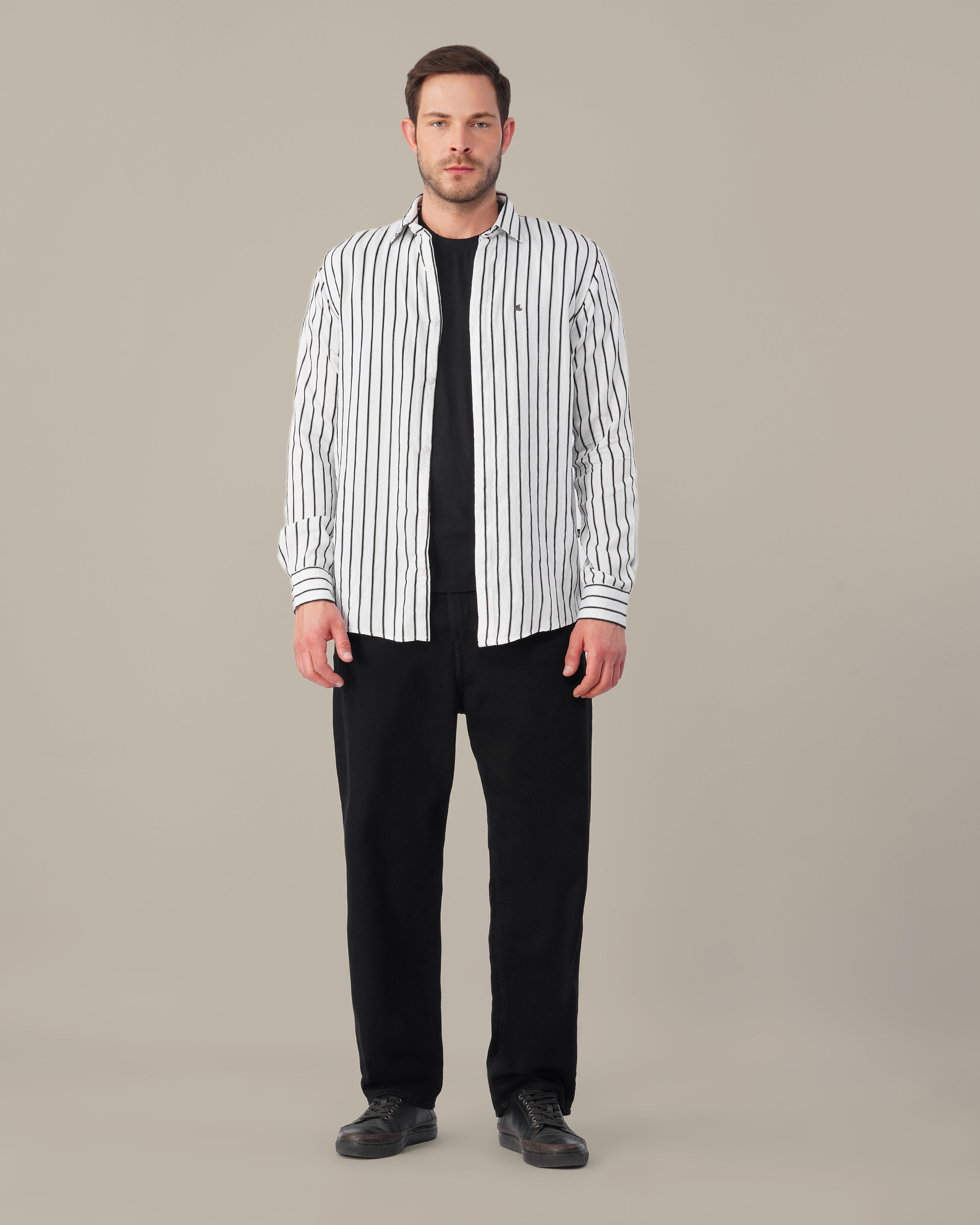 White and Black Vertical Stripe Poly Viscose Blend Regular Fit Shirt
