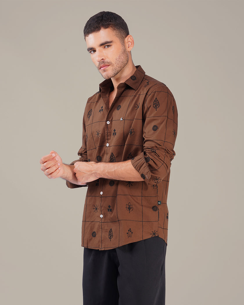 Brown Botanical Print Linen Blend Regular Fit Shirt