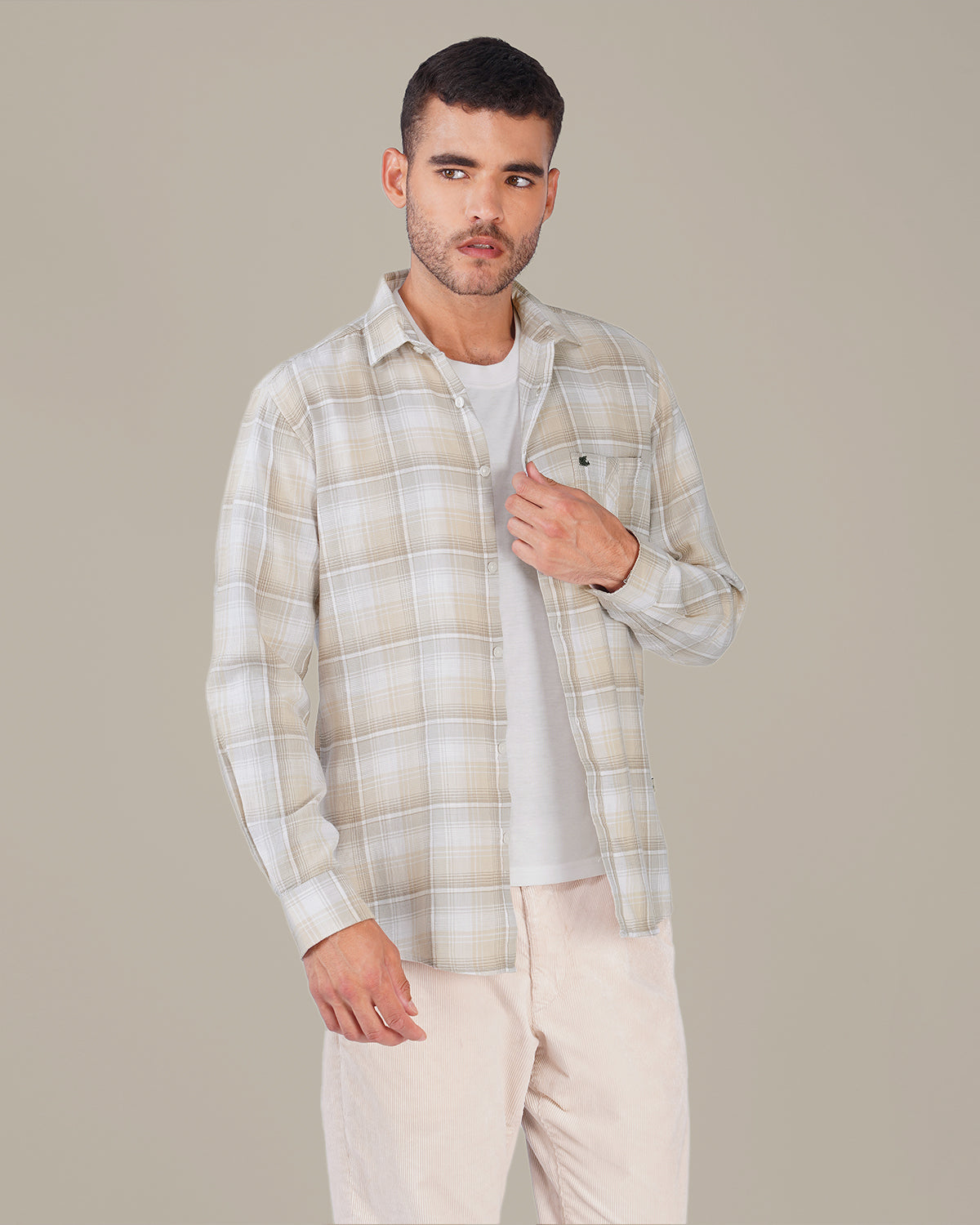 Beige and Gray Plaid Cotton Button-Down Shirt