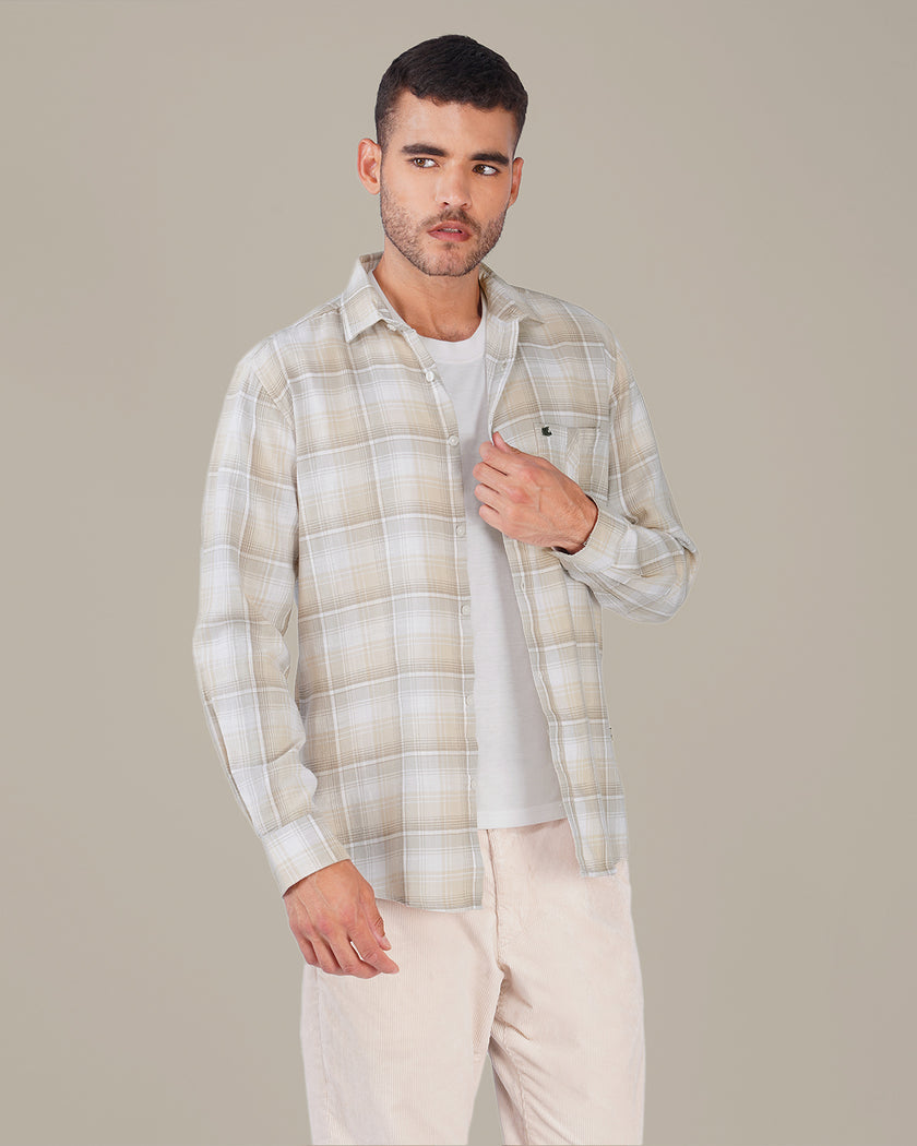 Beige and Gray Plaid Cotton Button-Down Shirt