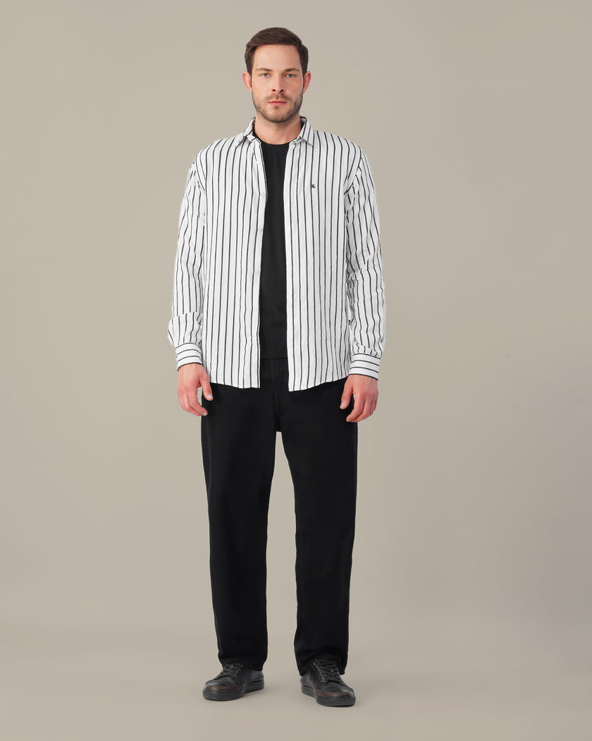 White and Black Vertical Stripe Poly Viscose Blend Regular Fit Shirt