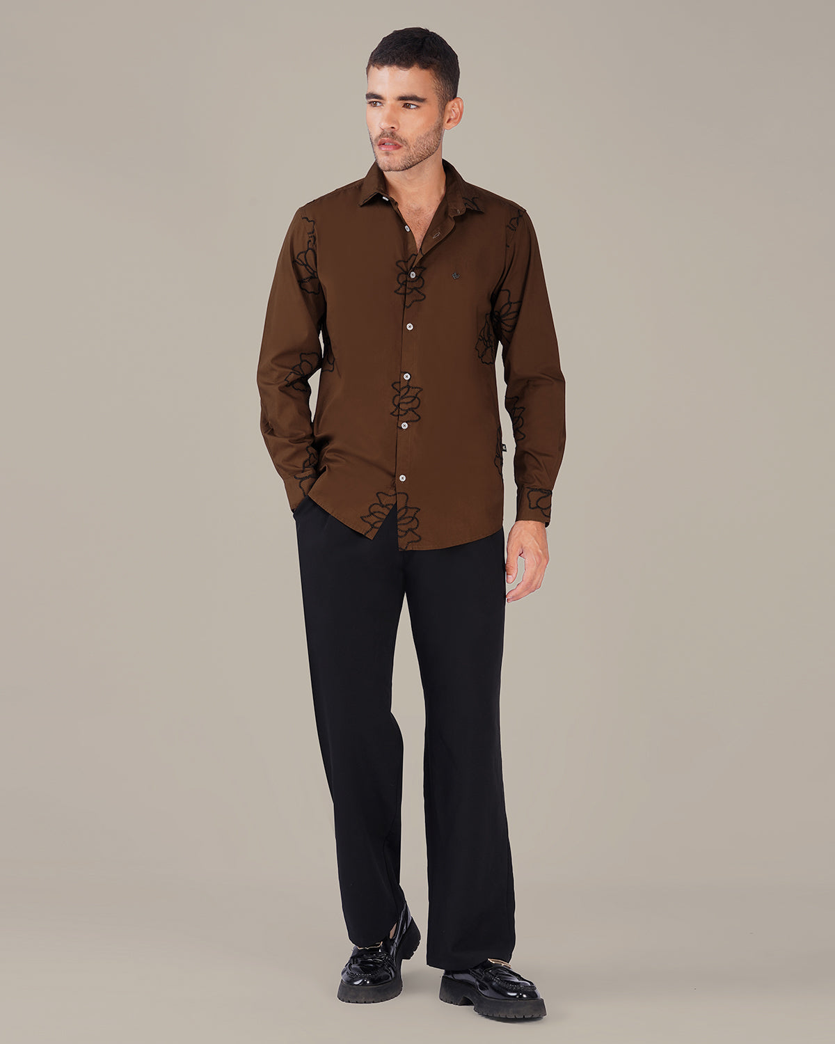 Brown Floral Pattern Linen-Cotton Blend Regular Fit Shirt