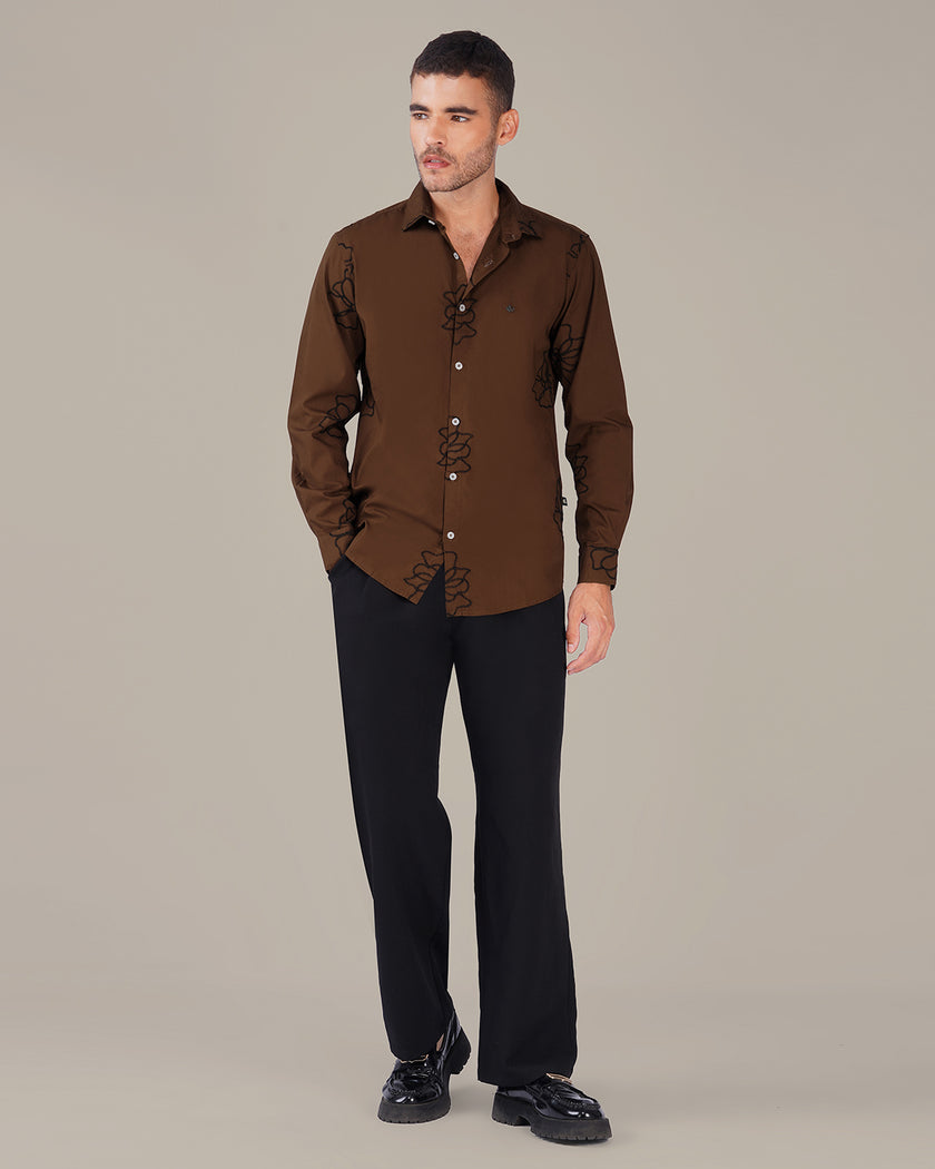 Brown Floral Pattern Linen-Cotton Blend Regular Fit Shirt