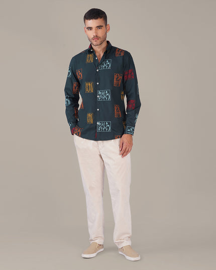 Dark Green Floral Embroidery Linen-Cotton Blend Regular Fit Shirt
