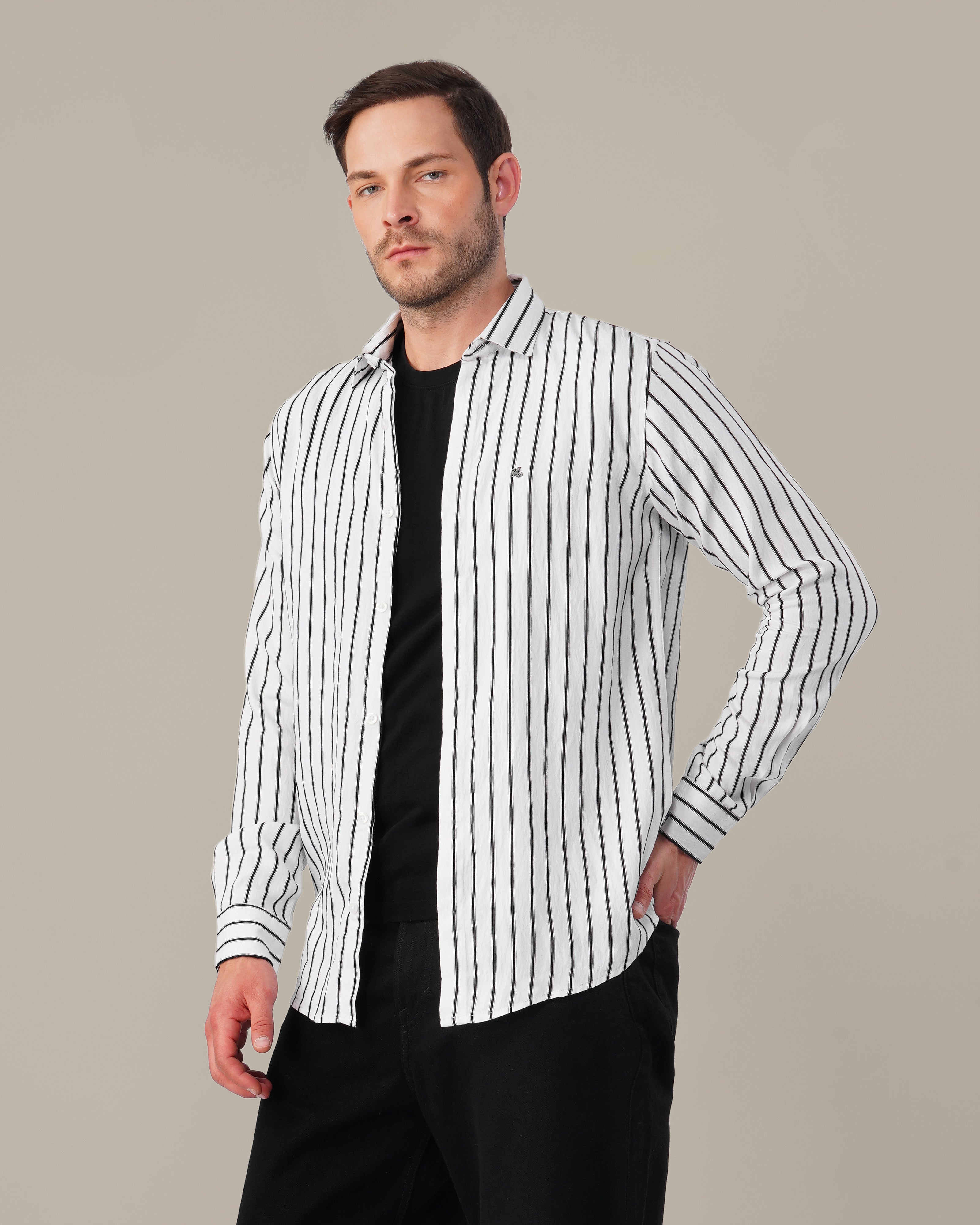 White and Black Vertical Stripe Poly Viscose Blend Regular Fit Shirt