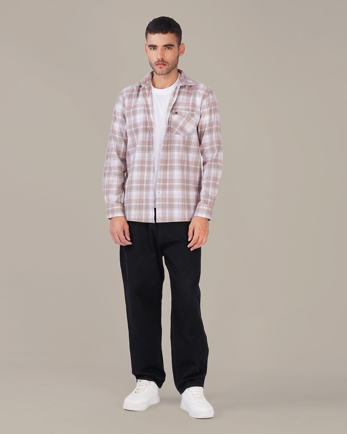 Gray Pink Plaid Cotton Slub Classic Fit Shirt