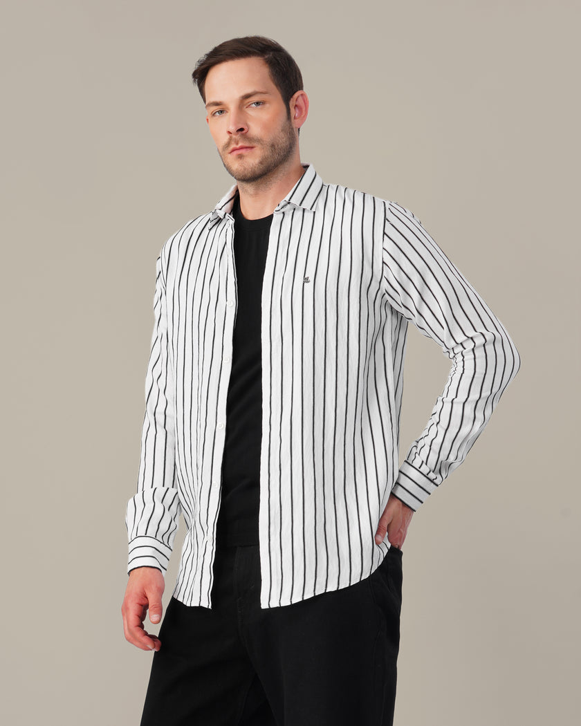 White and Black Vertical Stripe Poly Viscose Blend Regular Fit Shirt
