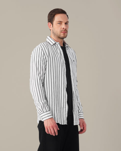 White and Black Vertical Stripe Poly Viscose Blend Regular Fit Shirt