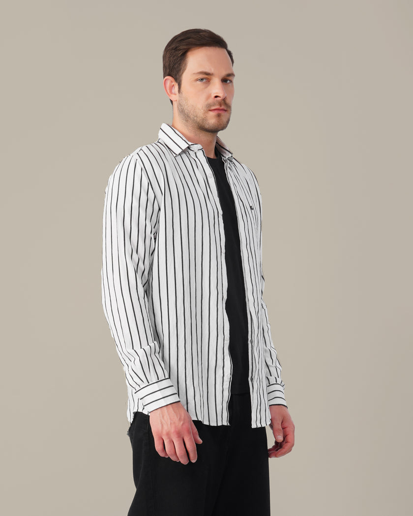White and Black Vertical Stripe Poly Viscose Blend Regular Fit Shirt