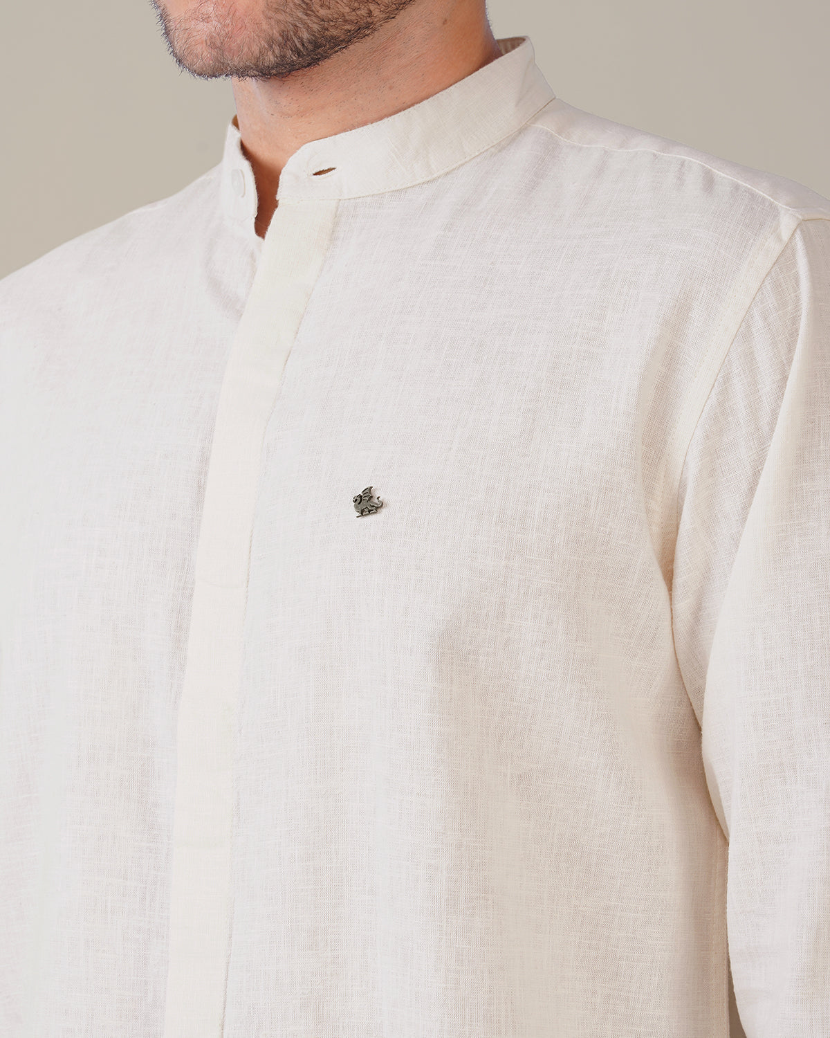 Off White Solid Linen Blend Mandarin Collar Shirt