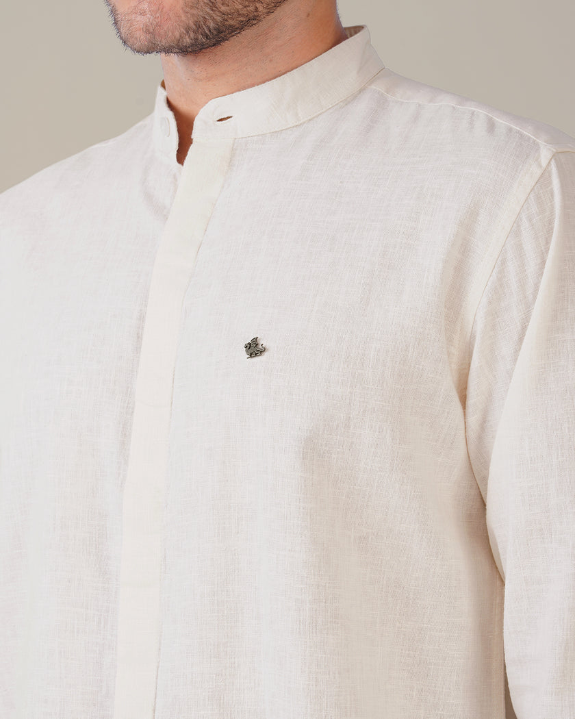 Off White Solid Linen Blend Mandarin Collar Shirt