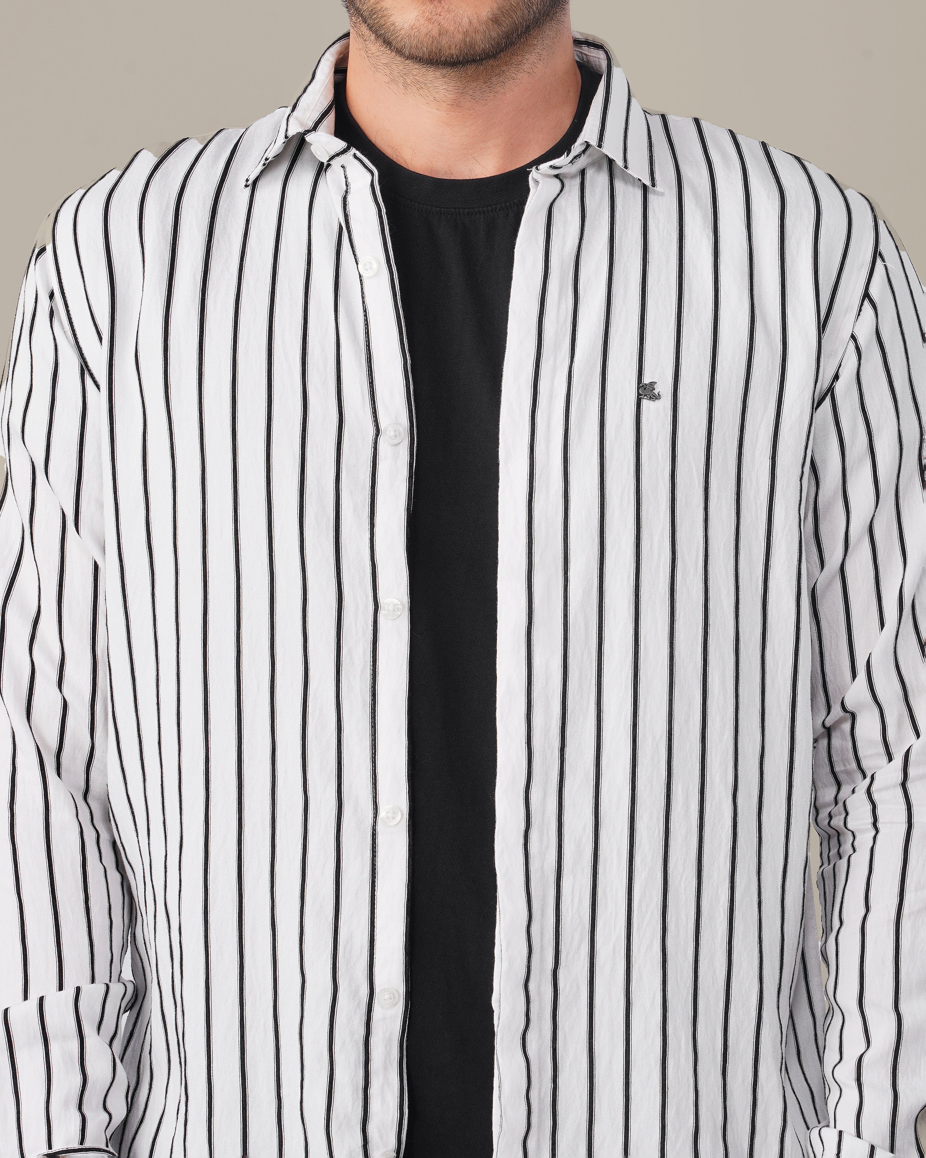 White and Black Vertical Stripe Poly Viscose Blend Regular Fit Shirt