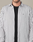 White and Black Vertical Stripe Poly Viscose Blend Regular Fit Shirt