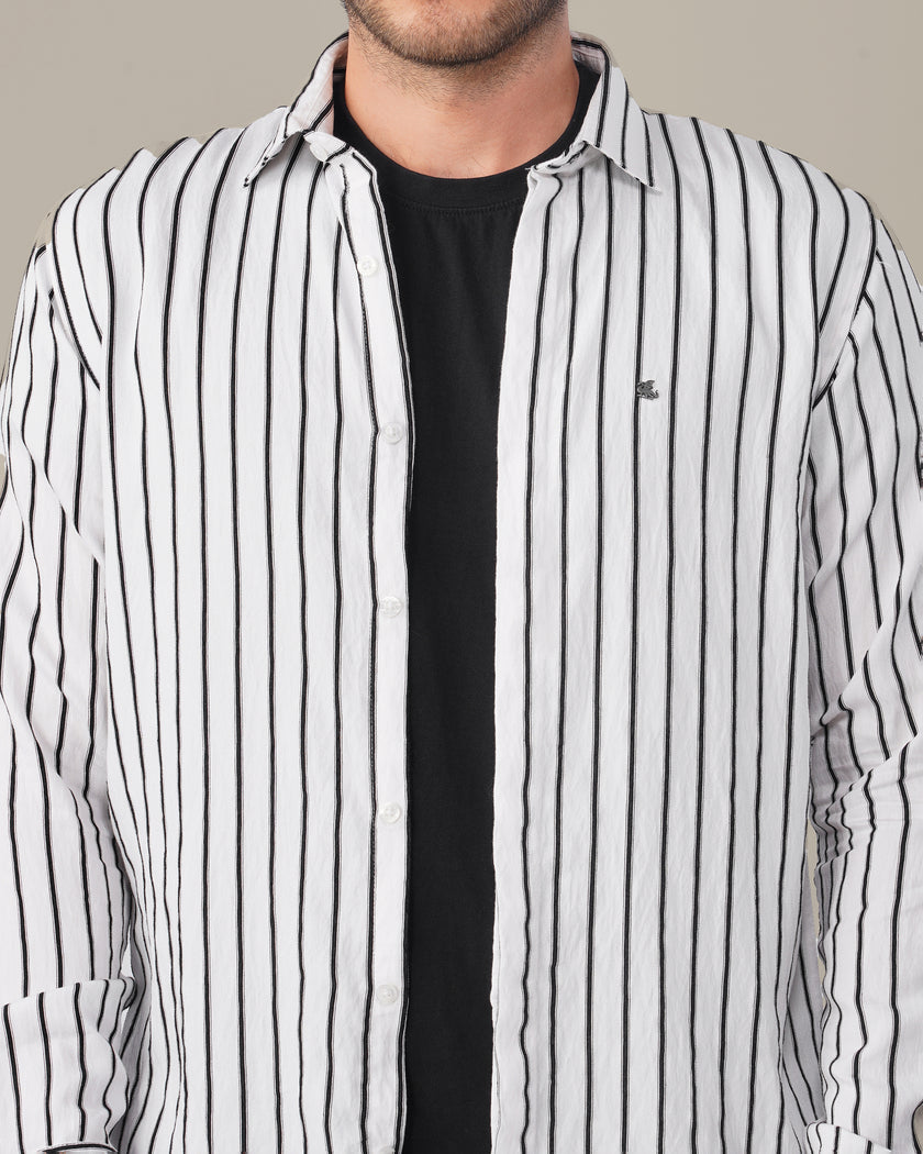 White and Black Vertical Stripe Poly Viscose Blend Regular Fit Shirt