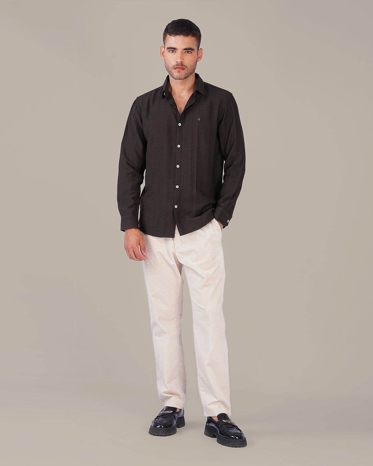 Deep Burgundy Textured Polyester Viscose Blend Regular Fit Shirt