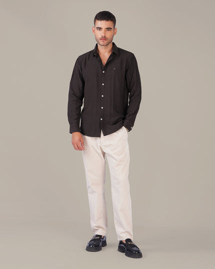 Deep Burgundy Textured Polyester Viscose Blend Regular Fit Shirt