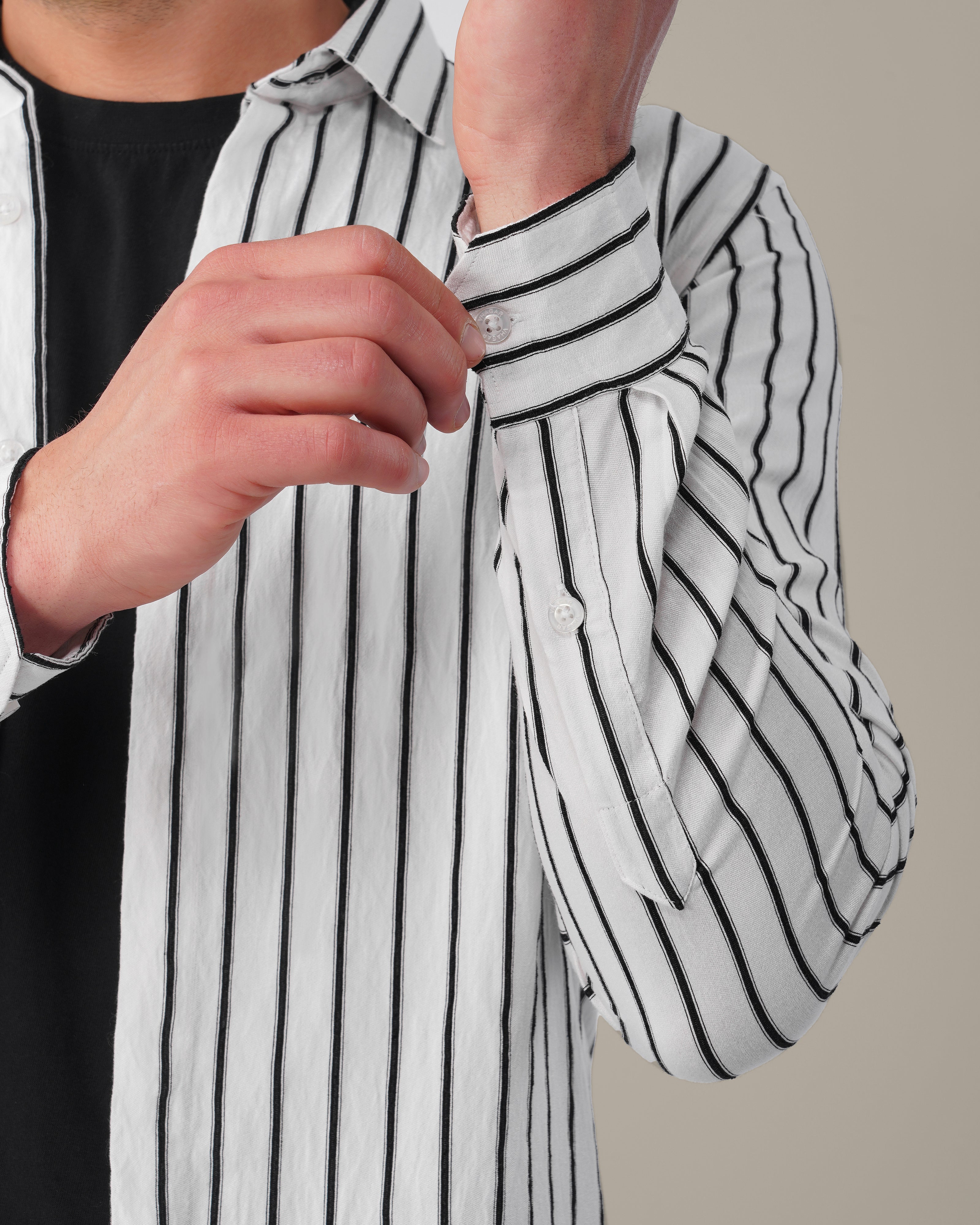 White and Black Vertical Stripe Poly Viscose Blend Regular Fit Shirt