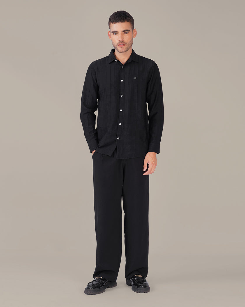 Charcoal Textured Polyester Viscose Blend Regular Fit Shirt