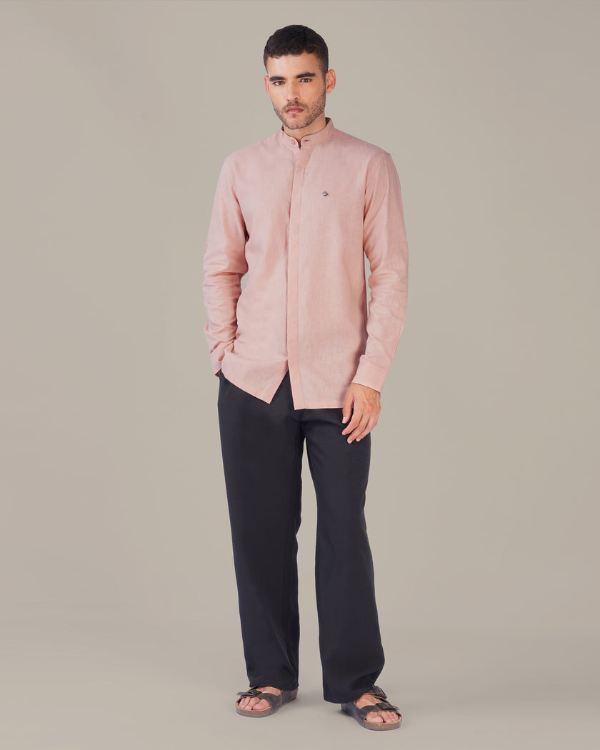 Light Pink Solid Slub Cotton Mandarin Collar Shirt