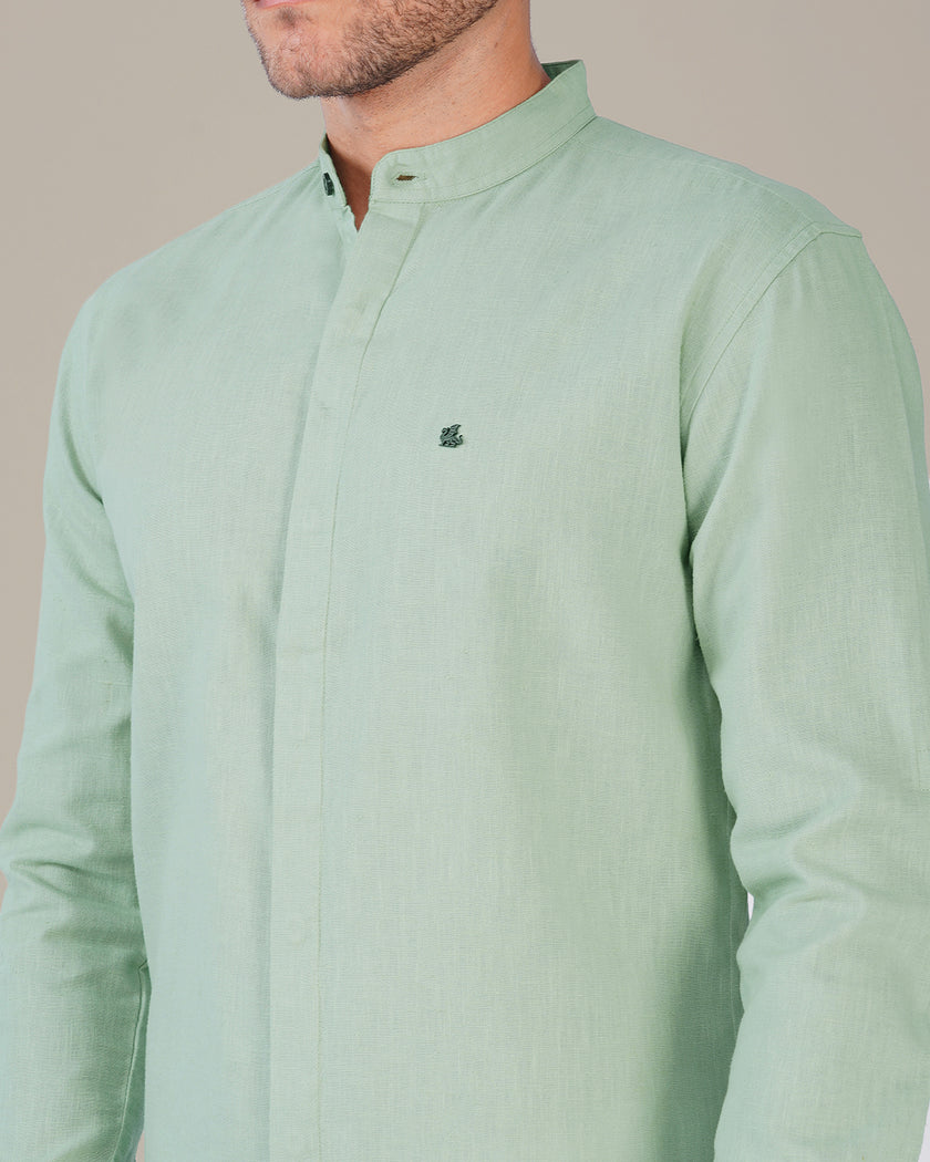 Mint Green Solid Linen Blend Mandarin Collar Shirt