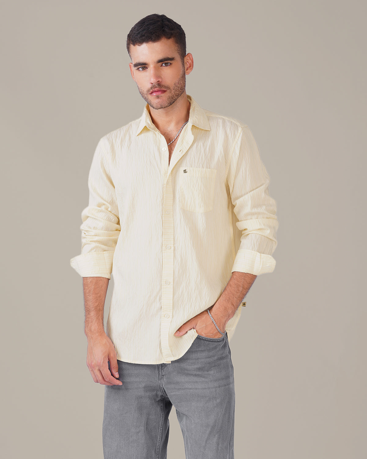 Ivory Solid Crinkled Poly Viscose Blend Classic Fit Shirt