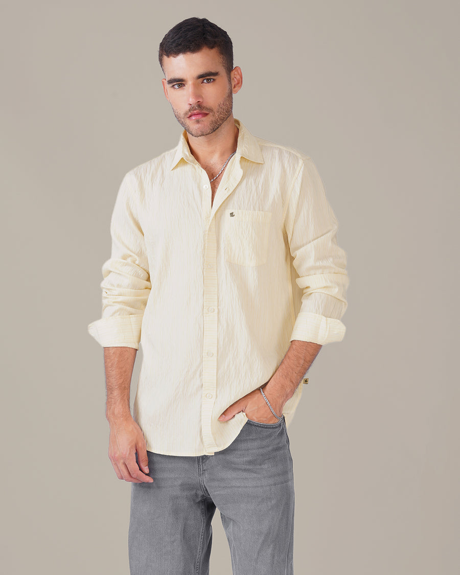 Ivory Solid Crinkled Poly Viscose Blend Classic Fit Shirt
