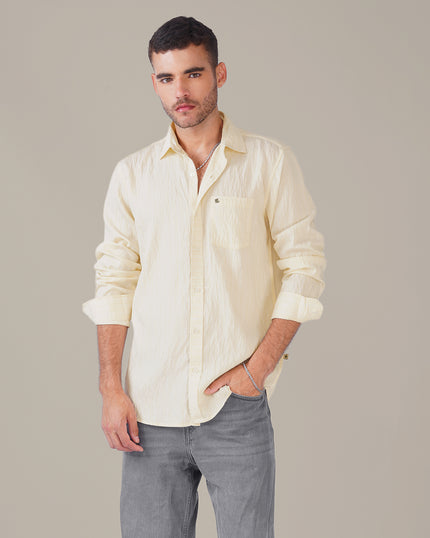 Ivory Solid Crinkled Poly Viscose Blend Classic Fit Shirt