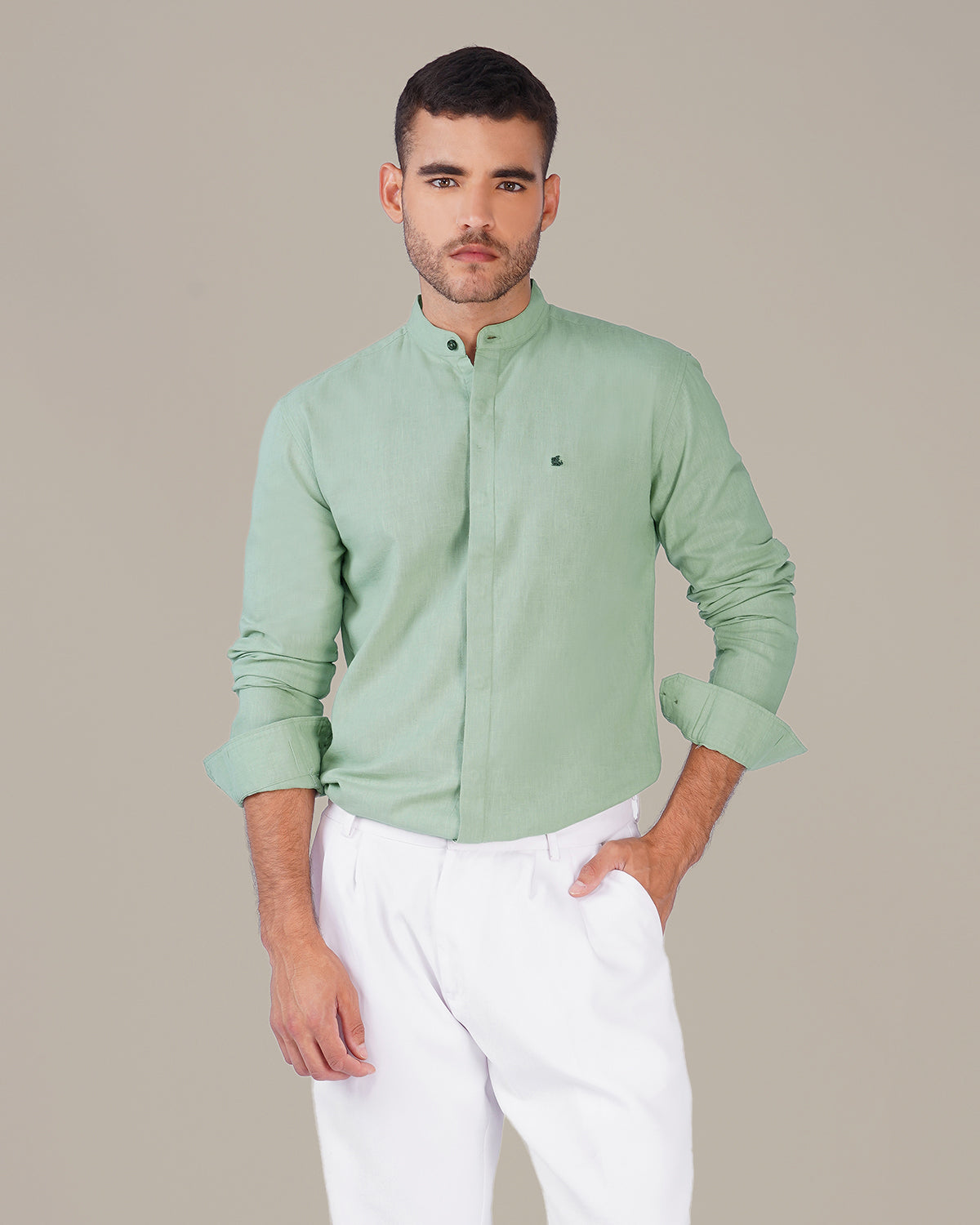 Mint Green Solid Linen Blend Mandarin Collar Shirt