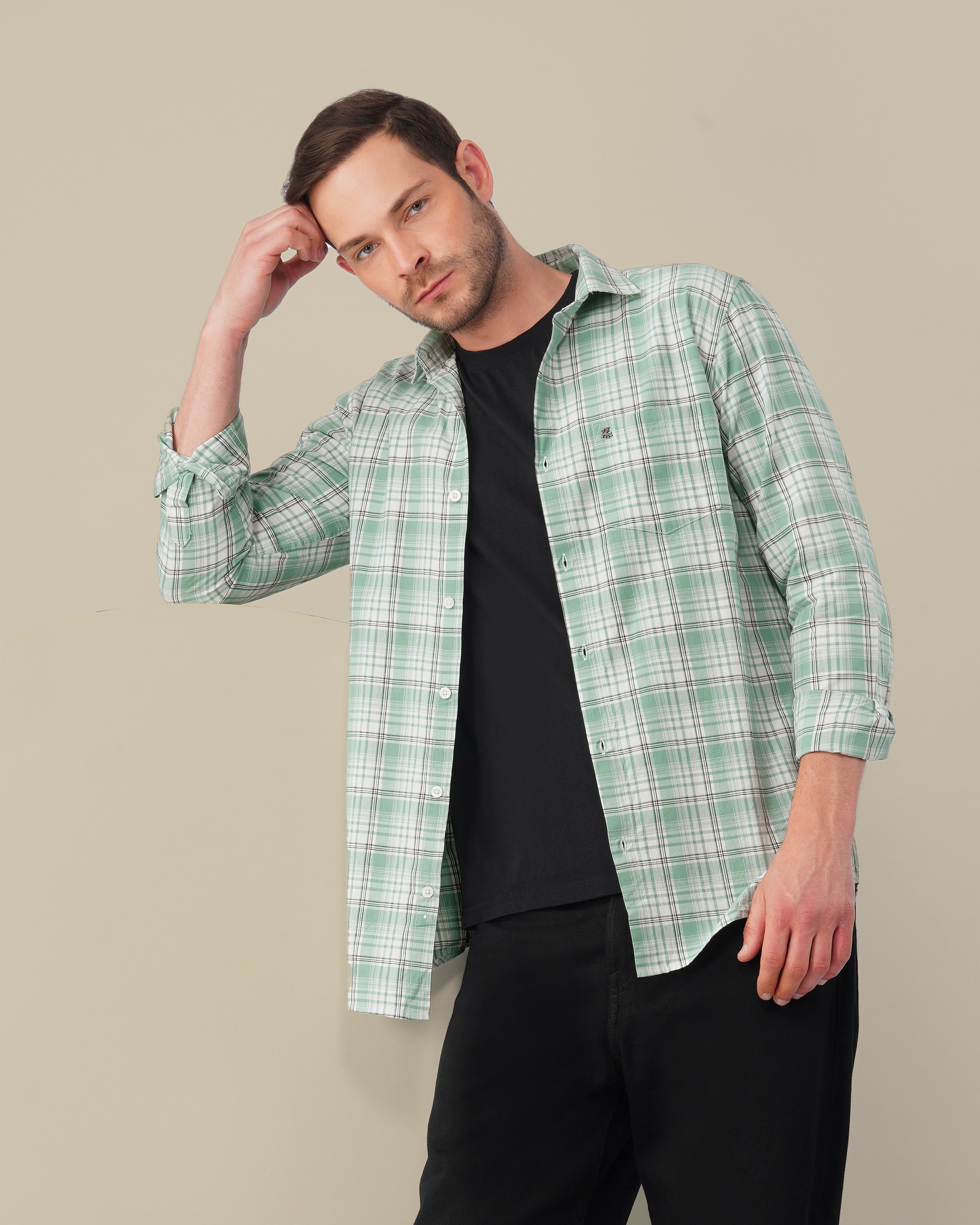 Mint Green Plaid Cotton Slub Classic Fit Shirt