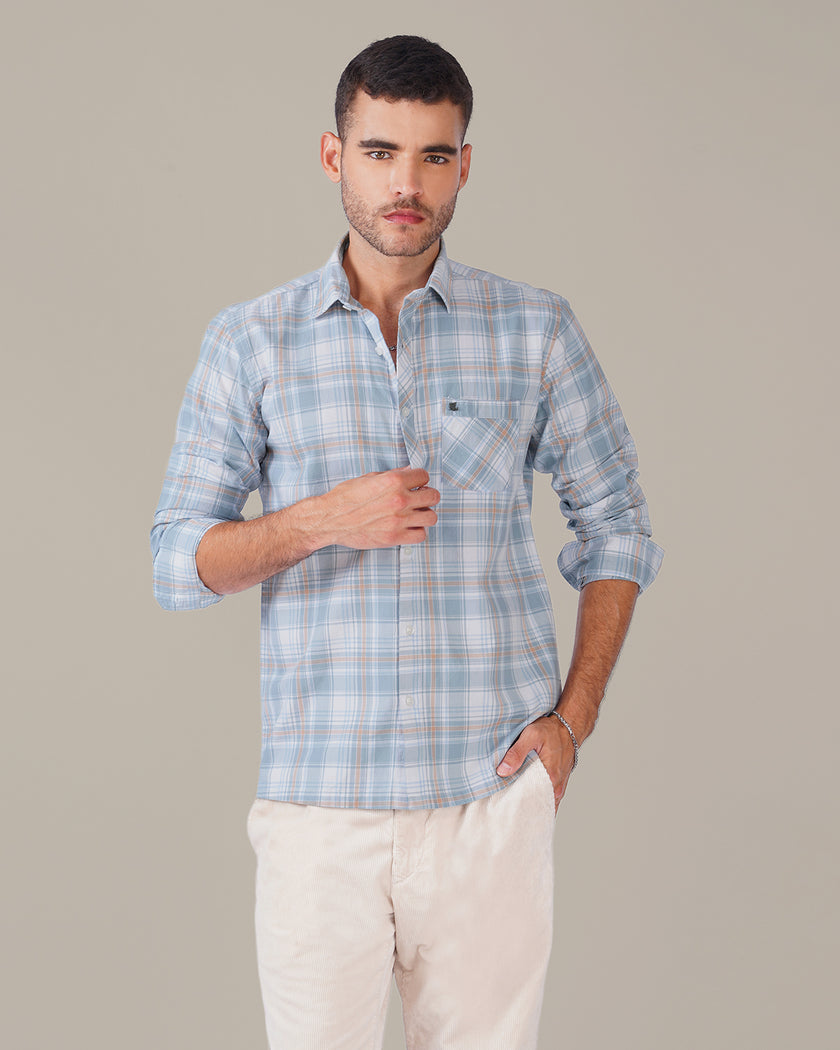 Light Blue Plaid Cotton Slub Regular Fit Shirt